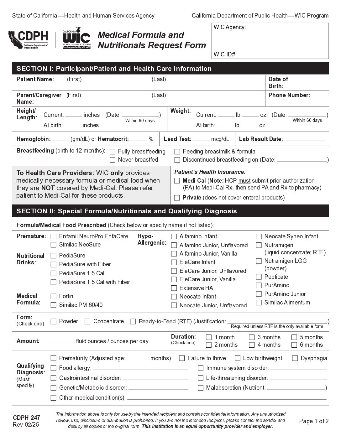 Medical Formula & Nutritionals Form